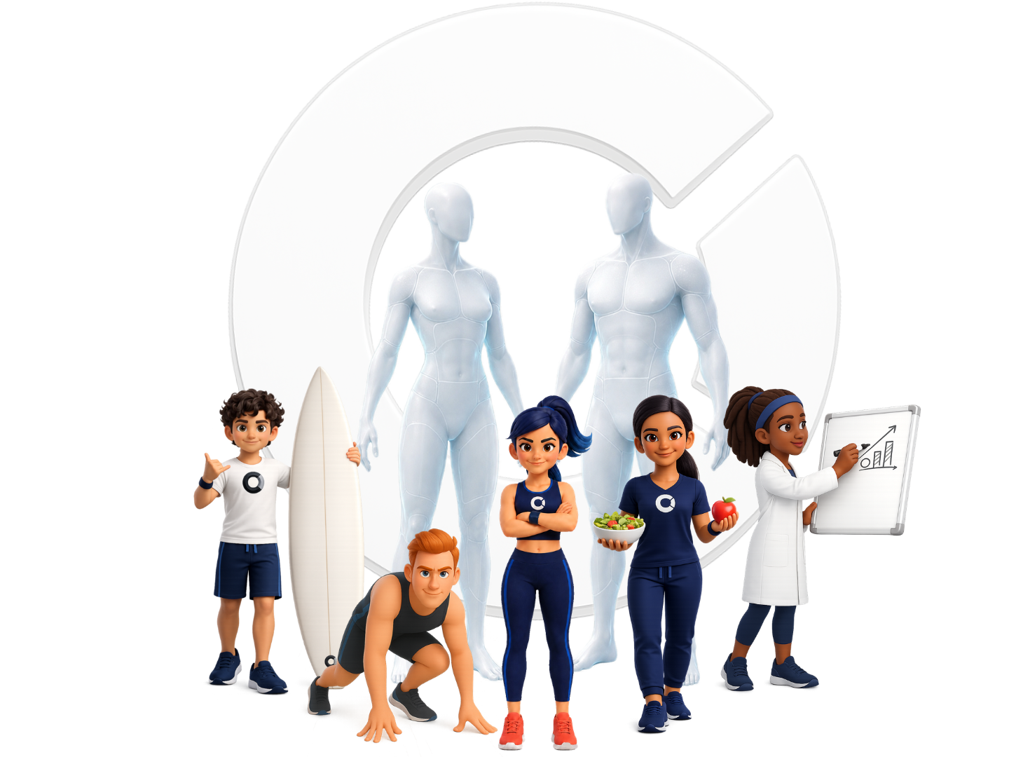 The Complete ecosystem: an athlete, sprinter, surfer, nutritionist, and scientist gathered around the Complete C mark.